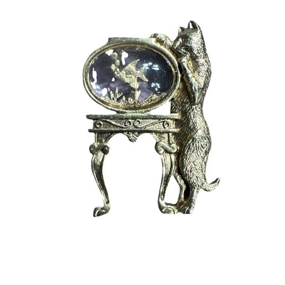 Unsigned Jewelry - Vintage 1950's Modernist CAT WITH GOLDFISH BOWL Goldtone Brooch Pin Mid Century